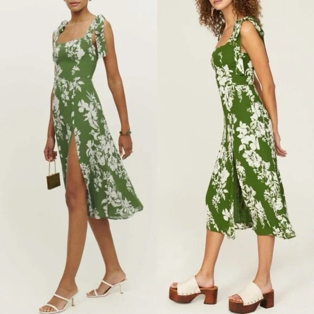 REFORMATION Green Floral Tie Strap Midi Dress Size 2 / feminine romantic dress